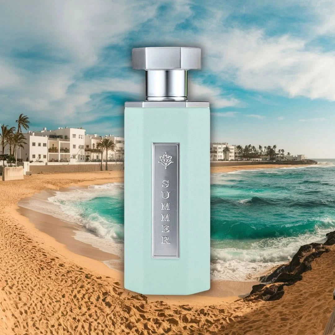 Reef Perfumes Summer Tiffaany Eau de Parfum spray 100ml with velvet pouch, featuring a sleek bottle and elegant fragrance design.