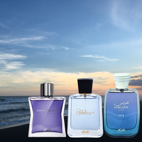 Bundle of Rasasi Hawas Ice, Daarej, and Shuhrah for Men Eau de Parfum sprays, featuring stylish bottles and branding.