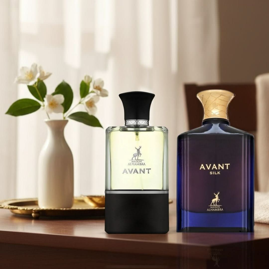 Maison Alhambra Avant & Avant Silk Eau de Parfum spray bundle, 100ml bottles with elegant packaging and sleek design.