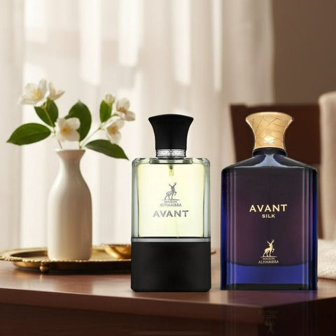 Maison Alhambra Avant & Avant Silk Eau de Parfum spray bundle, 100ml bottles with elegant packaging and sleek design.