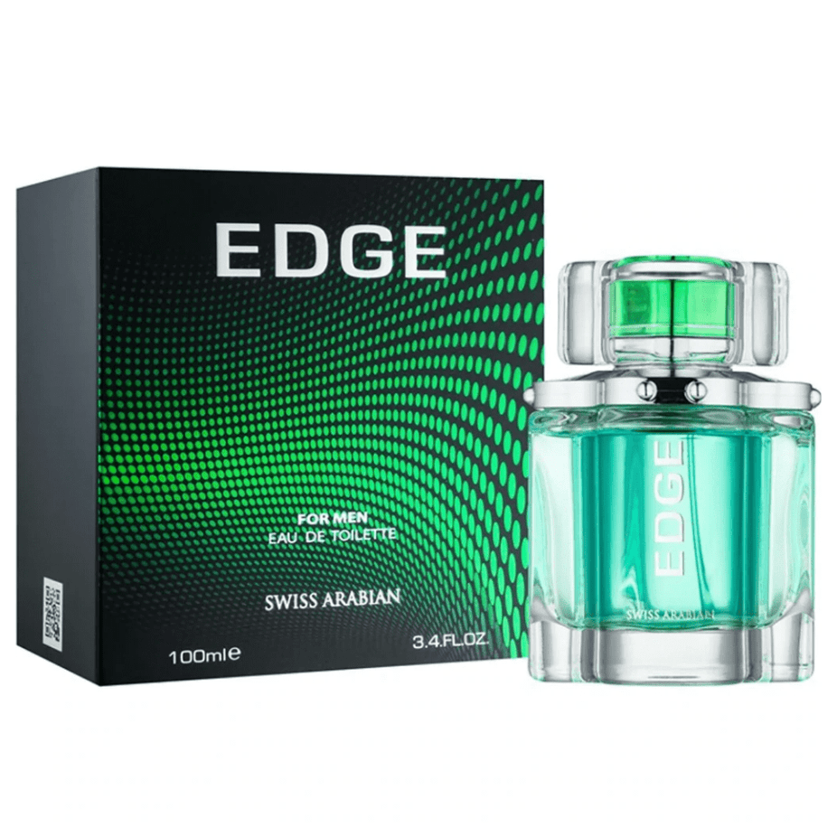 Swiss Arabian Edge couple set with 100ml bottles of men's and women's fragrances, shown in a stylish bundle.