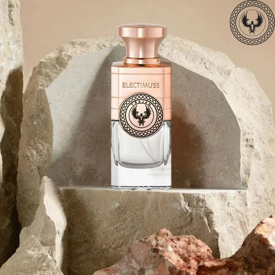 Electimuss London Trajan Parfum Spray 100ml EDP bottle with elegant packaging and gold accents on a white background.