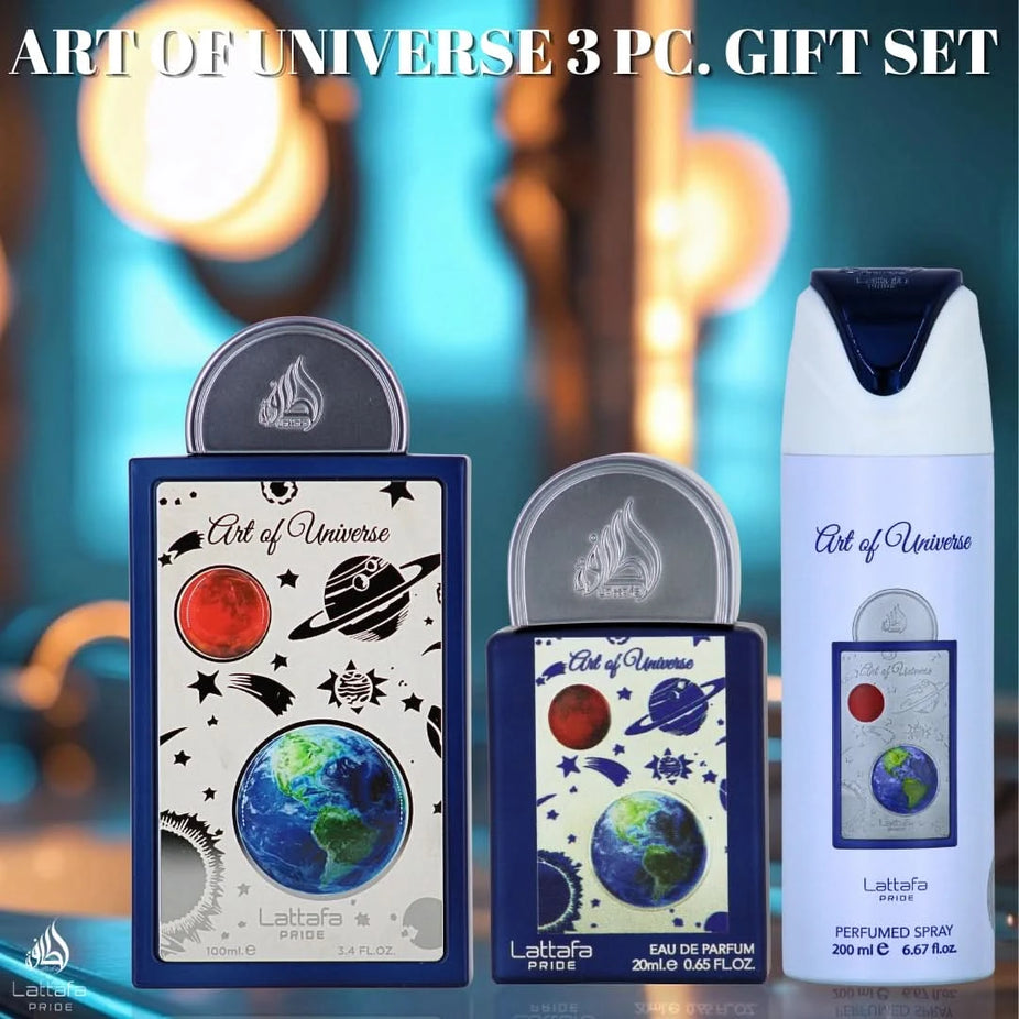 Lattafa Pride Art of Universe 3-piece perfume gift set with decorative bottles and packaging on a white background.