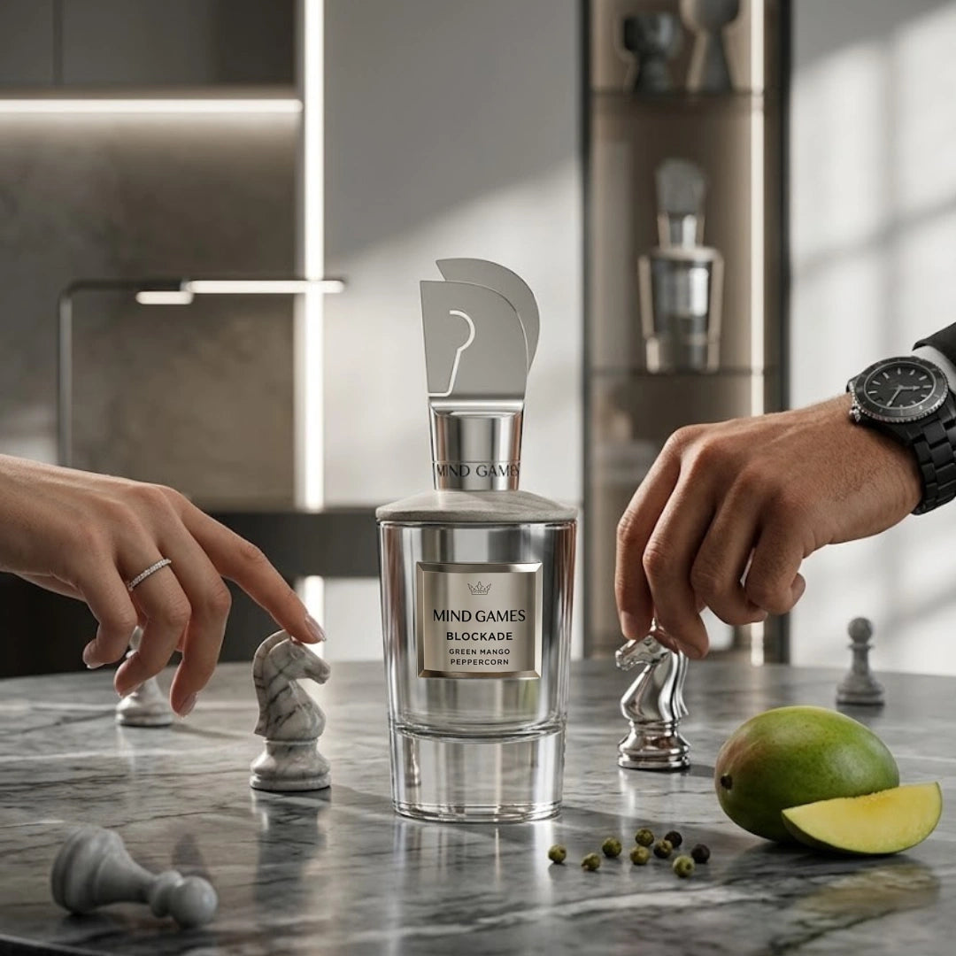 Blockade Extrait de Parfum 100ml by Mind Games, an elegant EDP bottle with sleek design and minimalist label.