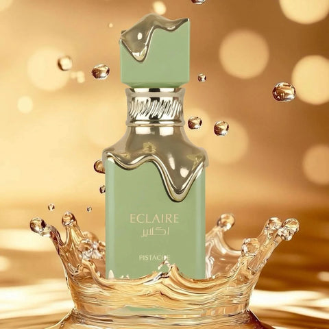 Lattafa Eclaire Pistache Eau de Parfum spray 100ml in velvet pouch, featuring a sleek bottle with pistachio-inspired design.