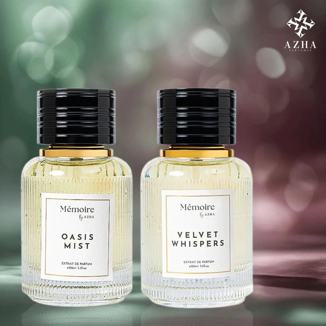 AZHA Oasis Mist & Velvet Whispers perfume spray bundle from Memoire Collection, featuring elegant 100ml (3.3 oz) bottles.