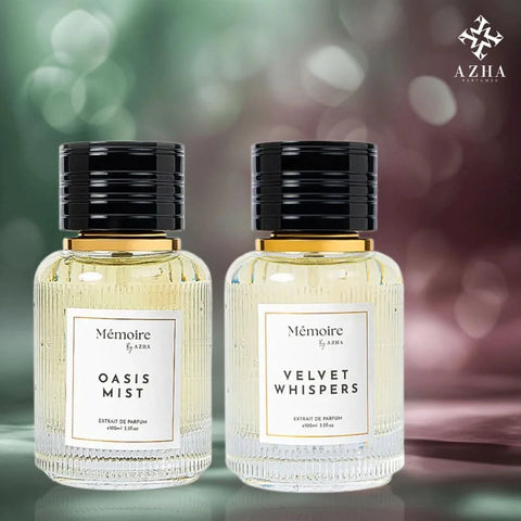 AZHA Oasis Mist & Velvet Whispers perfume spray bundle from Memoire Collection, featuring elegant 100ml (3.3 oz) bottles.