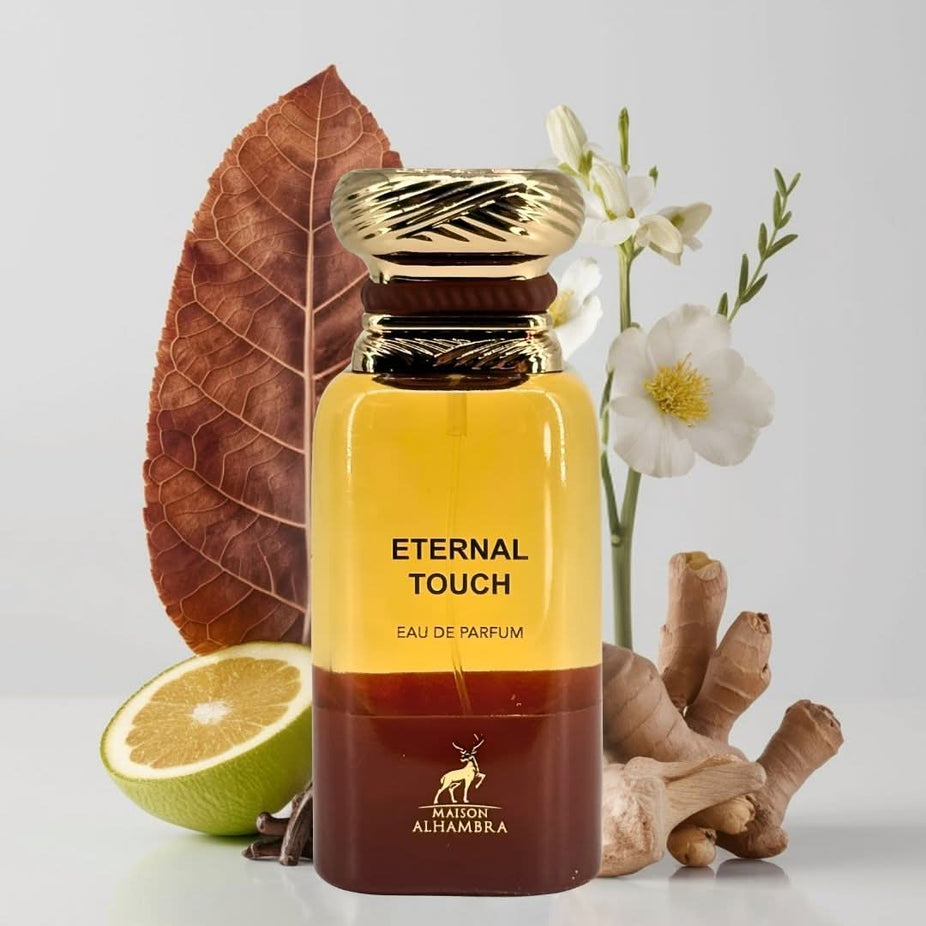 Eternal Touch Eau de Parfum spray by Maison Alhambra, 80ml bottle, elegant design, showcasing the perfume bottle with a sleek cap.