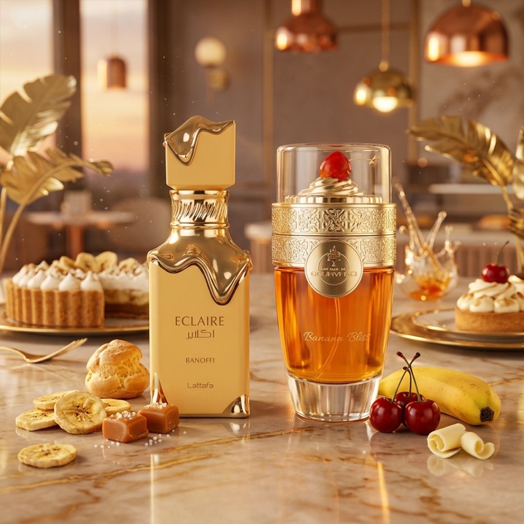 Bundle of 100ml Lattafa Eclaire Banoffi and Paris Corner Banana Bliss Eau de Parfum sprays, featuring fruity and gourmand scents.