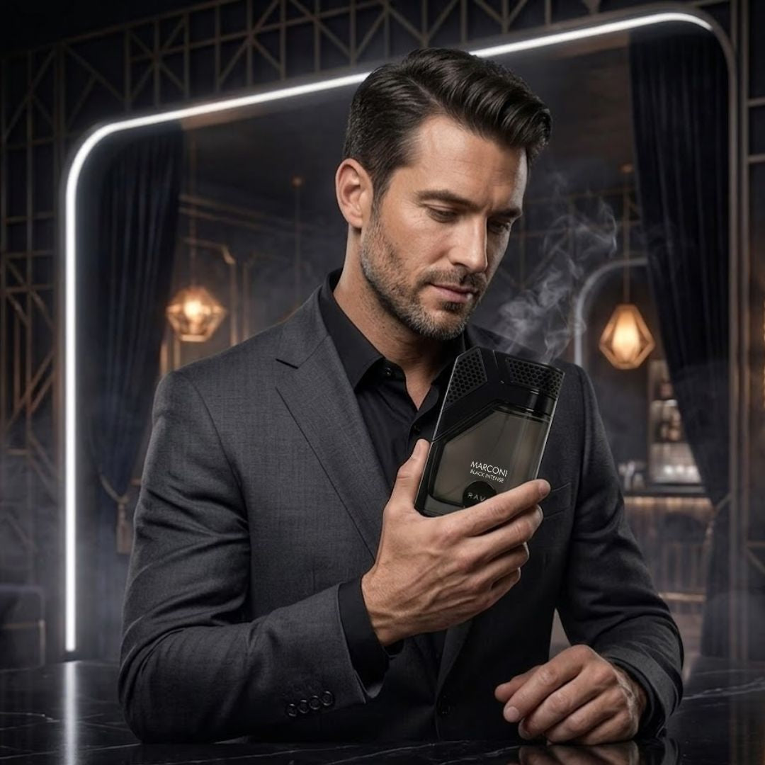 Marconi Black Intense Eau de Parfum spray by RAVE, 100ml bottle with sleek black design and elegant perfume cap.