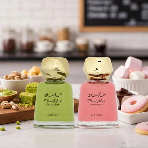 Al Rehab Choco Musk Pistachio and Marshmallow Eau de Parfum bundle with two 100ml spray bottles, featuring elegant packaging.