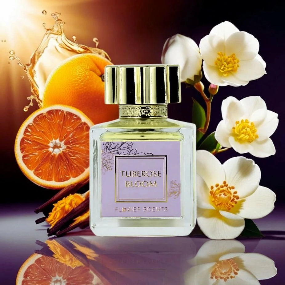 Flower Scents Tuberose Bloom Eau de Parfum spray bottle, 65ml, featuring elegant floral fragrance packaging.