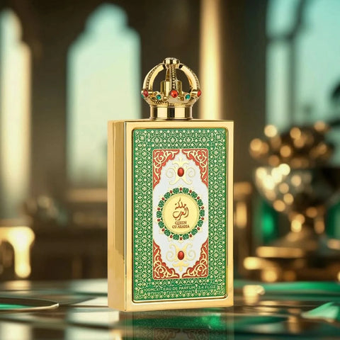 Lattafa Pride Queen of Arabia Eau De Parfum spray 100ml with velvet pouch, elegant bottle showcasing floral and oriental fragrance notes.