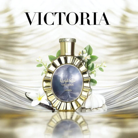 Lattafa Victoria Eau de Parfum Spray 100ml bottle with velvet pouch, elegant packaging, and fragrance details visible.