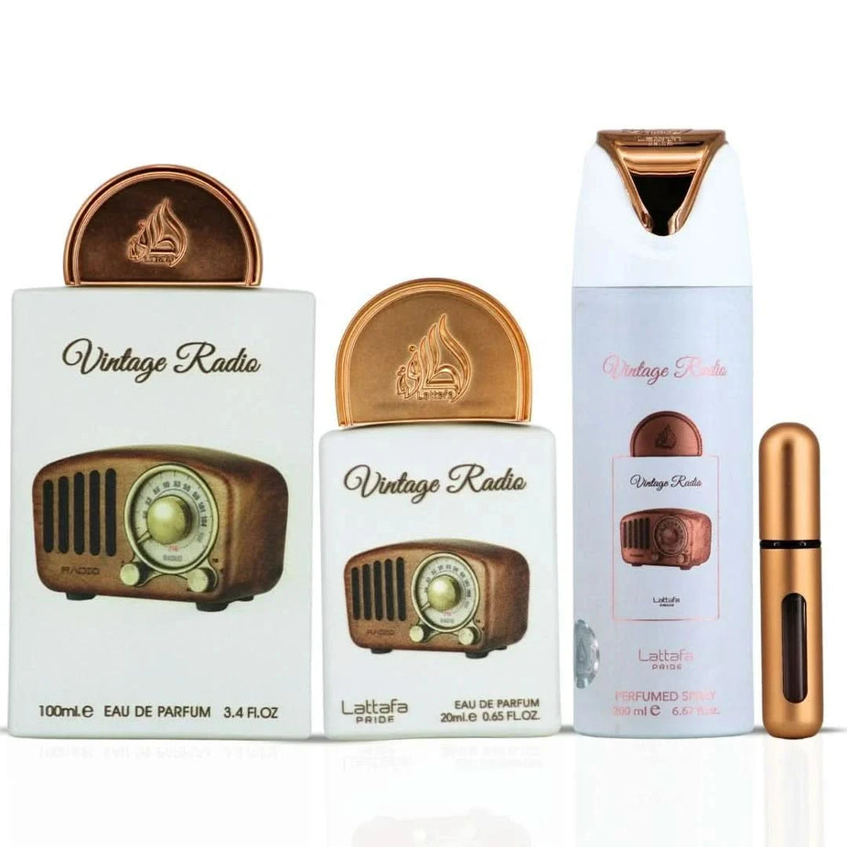 Lattafa Art of Nature II Pisa and Vintage Radio gift set bundle with two elegant perfume bottles and vintage-style radio decor.