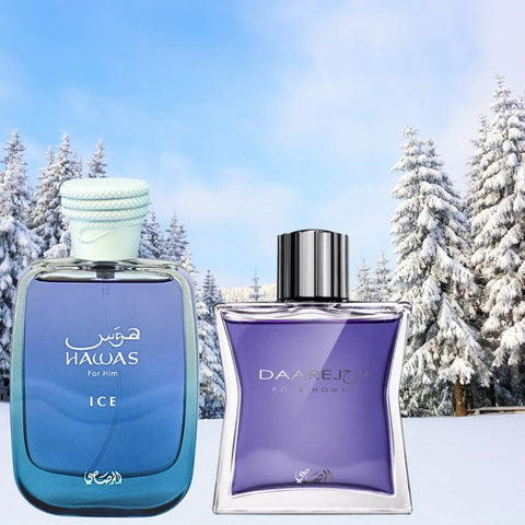 Bundle of Rasasi Hawas Ice and Daarej Men Eau de Parfum sprays, 100ml bottles, featuring sleek packaging and brand logos.