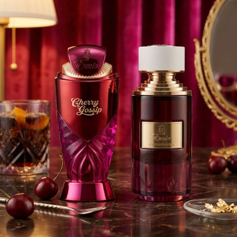 Bundle of Paris Corner Cherry Gossip and Cherry Cola Eau de Parfum sprays, 100ml, featuring two fruity, aromatic fragrance bottles.