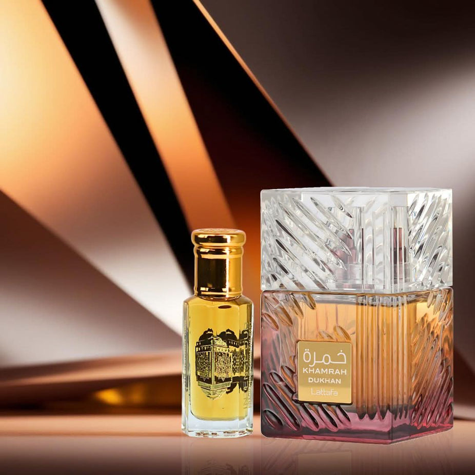 Lattafa Khamrah Dukhan Eau de Parfum spray and Red Tobacco perfume oil bundle, showcasing the bottles and packaging.