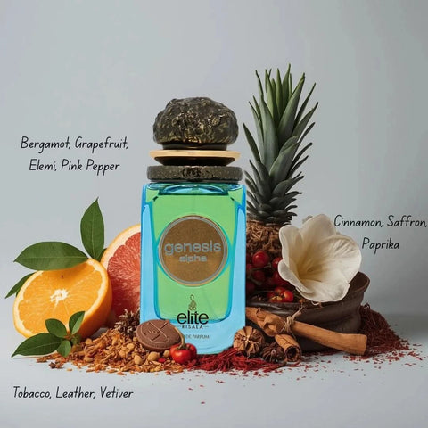 Elite Risala Genesis Alpha Eau de Parfum spray bottle, 100ml, with elegant packaging and floral fragrance design.