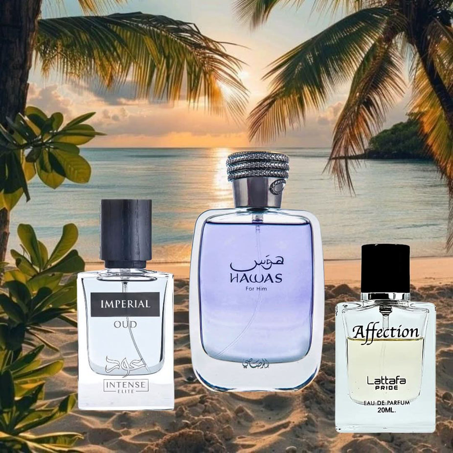 Bundle of three Eau de Parfum sprays including Hawas for Him by Rasasi, Imperial Oud by Intense Elite, and Affection by Lattafa Pride.