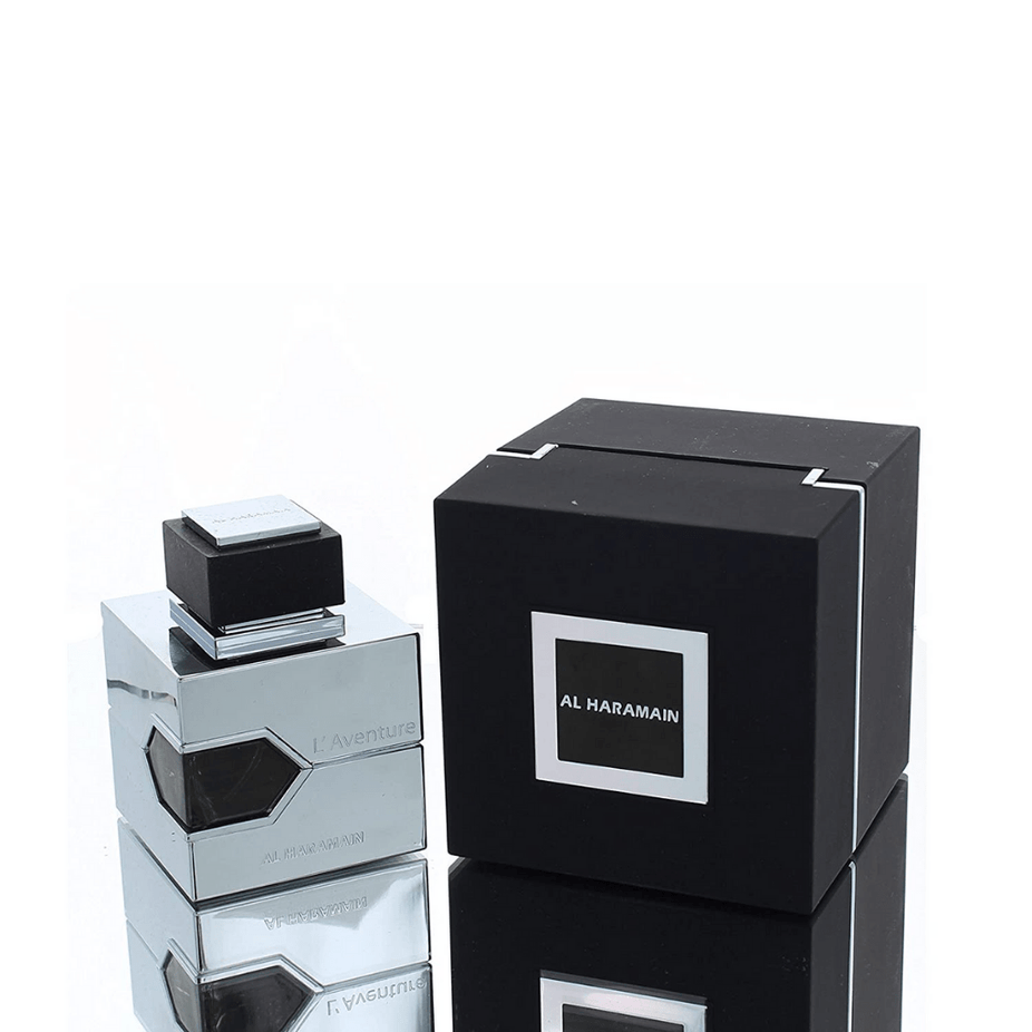 Al Haramain L'Aventure for Men Eau de Parfum spray bottle, 100ml, with sleek design and fragrance details visible.