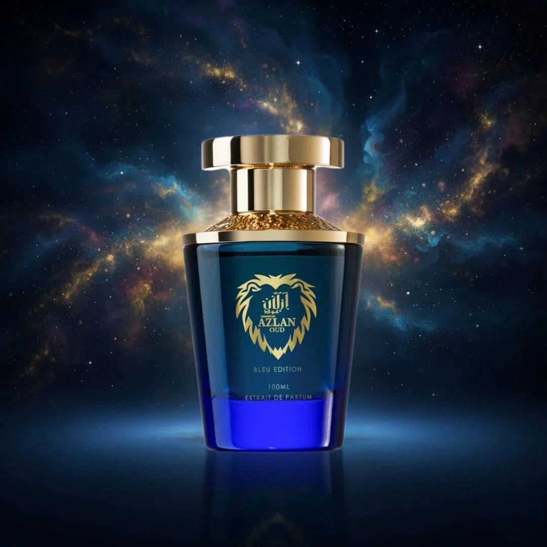 Al Haramain Azlan Oud Bleu Edition Extrait de Parfum spray bottle, 100ml, showcasing the elegant fragrance packaging.