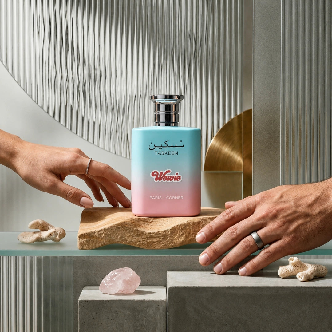 Taskeen Wowie Eau de Parfum spray by Paris Corner, 100ml bottle with elegant packaging and fragrance details visible.