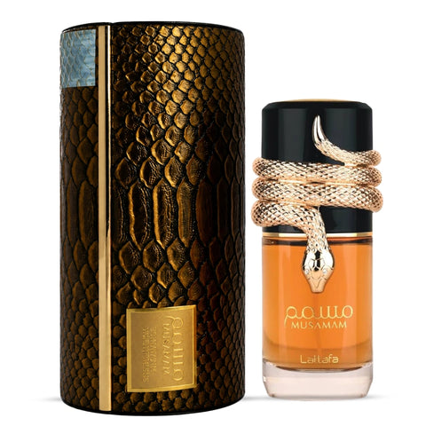 Lattafa Musamam & Musamam Black Intense Eau de Parfum spray bundle, 100ml bottles, featuring elegant perfume bottles with branding.