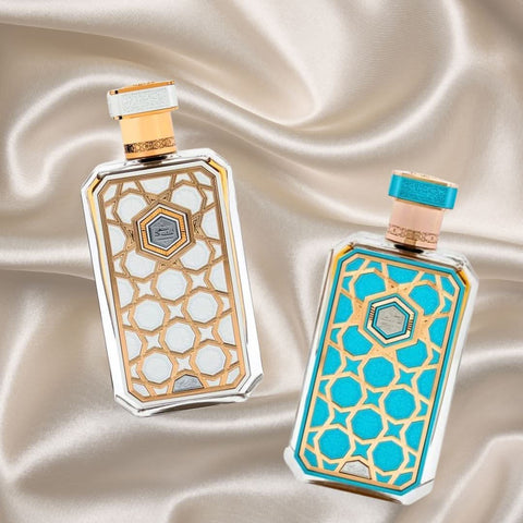 Rasasi Arabian Prive Collection Saada & Nagham Eau de Parfum sprays, 70ml bundle, featuring elegant bottles with intricate designs.