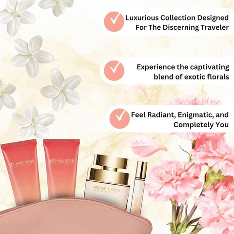 Michael Kors Wonderlust gift set including 3.4oz EDP spray, body lotion, shower gel, and 10ml EDP spray in a branded box