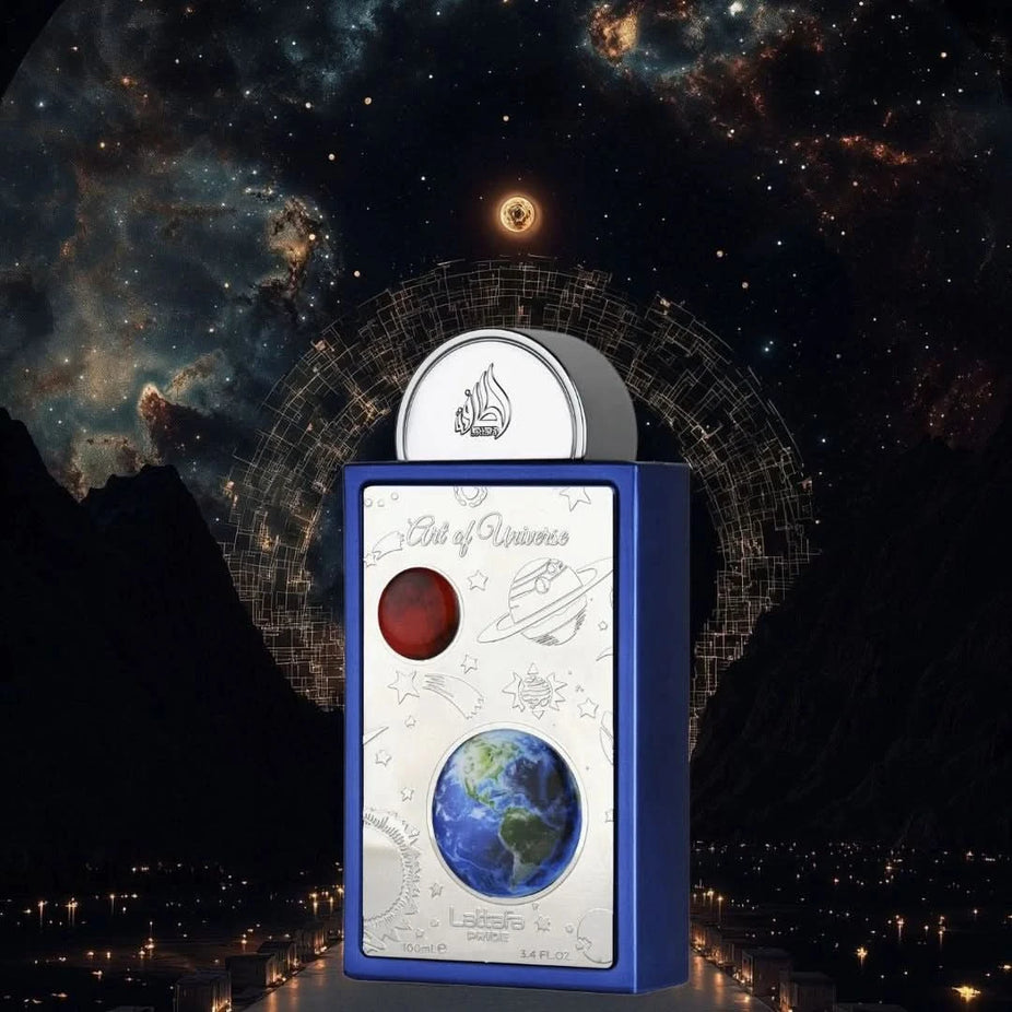 Lattafa Art of Universe Eau de Parfum spray 100ml with sleek bottle design, showcasing a luxurious fragrance for women.