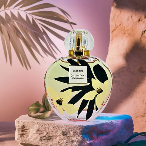 Jasmine Charm Eau de Parfum spray by Khaadi, 100ml bottle with elegant floral design and transparent glass showcasing the perfume inside.