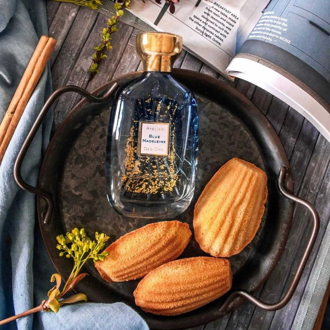 Blue Madeleine Eau de Parfum spray by Atelier Des Ores, 100ml bottle with elegant packaging and a blue-colored perfume bottle.