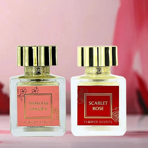 Flower Scents Timeless Sakura & Scarlet Rose Eau de Parfum bundle with two 65ml spray bottles, featuring floral fragrance designs.