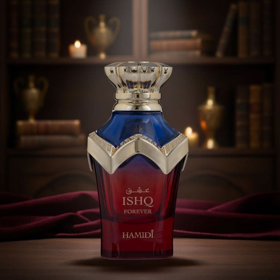 Hamidi Ishq Forever Eau de Parfum spray bottle, 100ml, with elegant packaging and floral fragrance design.