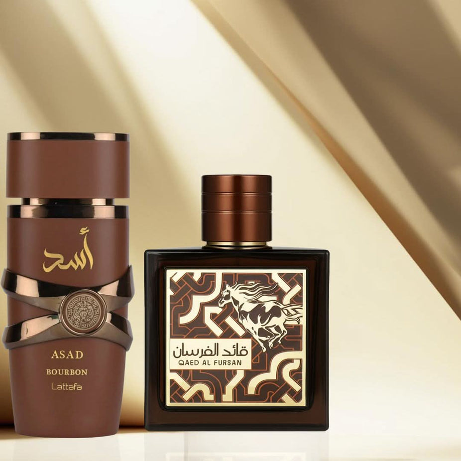 Lattafa Asad Bourbon 100ml and Qaed Al Fursan Untamed 90ml eau de parfum spray bundle with sleek bottles.
