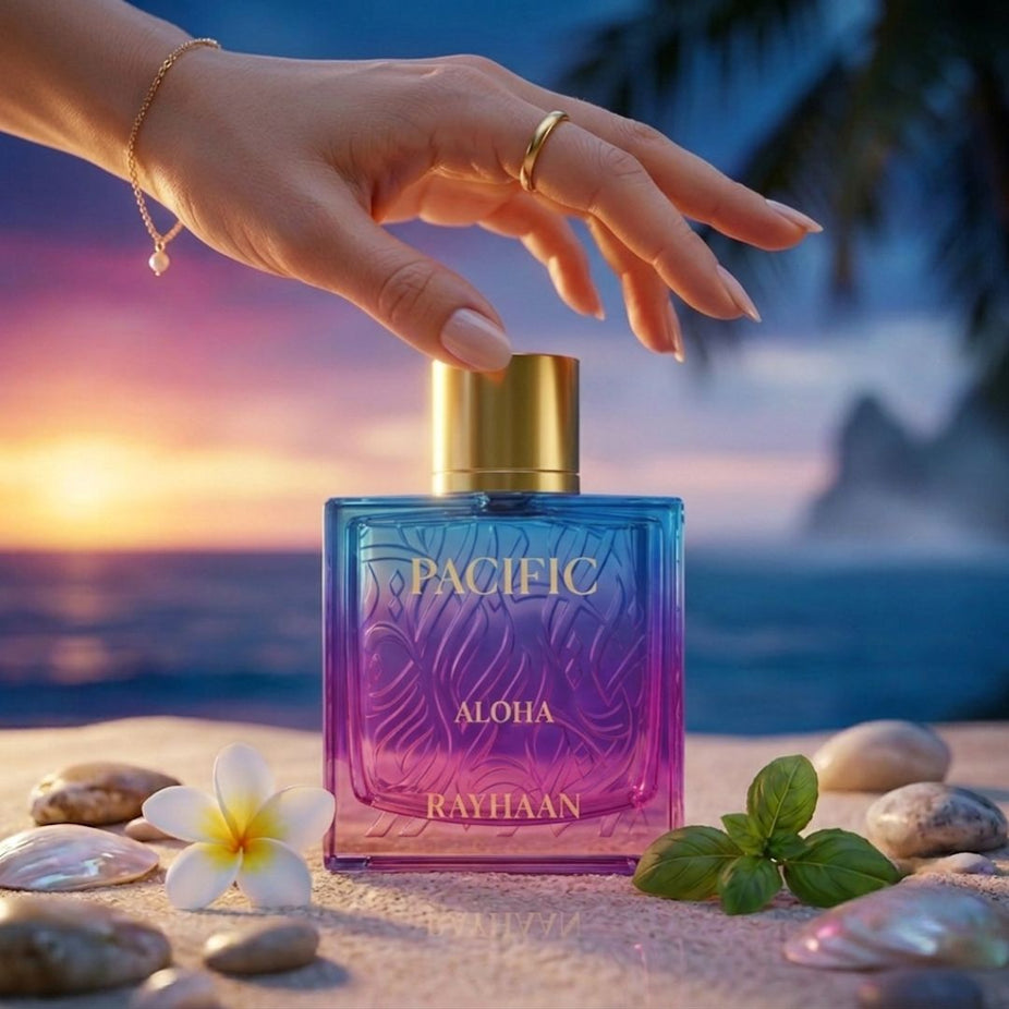 Rayhaan Pacific Aloha Eau de Parfum Spray 100ml, featuring a sleek bottle design and vibrant fragrance packaging.