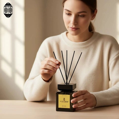 INTENSE OUD Reed Diffuser, Oud Rose – 1000ml (35.1 oz) – Fragrance for Up to 90 Days – Reusable, Refillable Glass Holder, Includes 6 All-Natural Reed Sticks