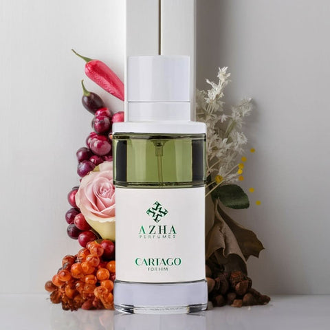 Azha Cartago For Him EDP spray 100ml bottle, showcasing the elegant packaging and sleek design of this exotic fragrance.