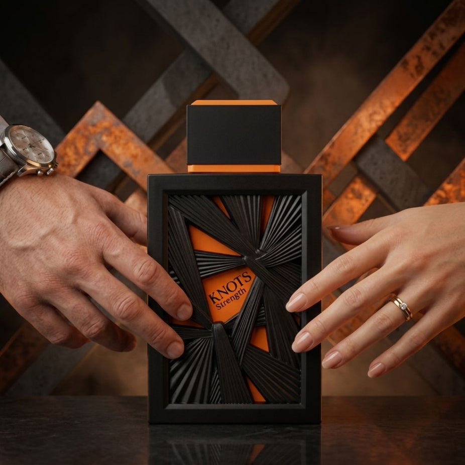 Aura by Aura Knots Strength Eau de Parfum spray bottle, 100ml, featuring elegant packaging and branding for the fragrance.