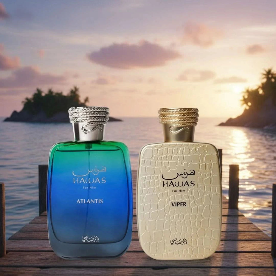 Bundle of Rasasi Hawas Atlantis and Hawas Viper Eau de Parfum sprays, 100ml each, featuring sleek bottles and elegant fragrance designs.