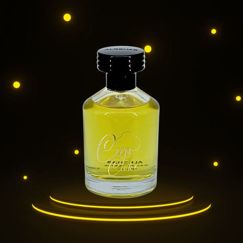 Al Rehab Cupcake Eau de Parfum spray 100ml with a sleek perfume bottle and floral design, showcasing the fragrance.