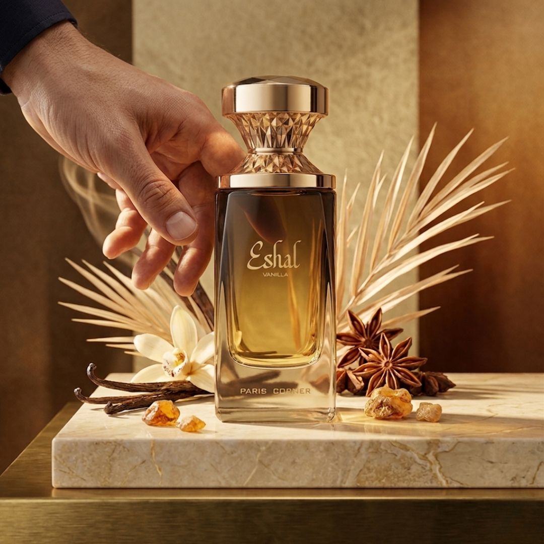 Eshal Vanilla Eau de Parfum spray by Paris Corner, 100ml bottle with elegant packaging and a vanilla-scented fragrance.