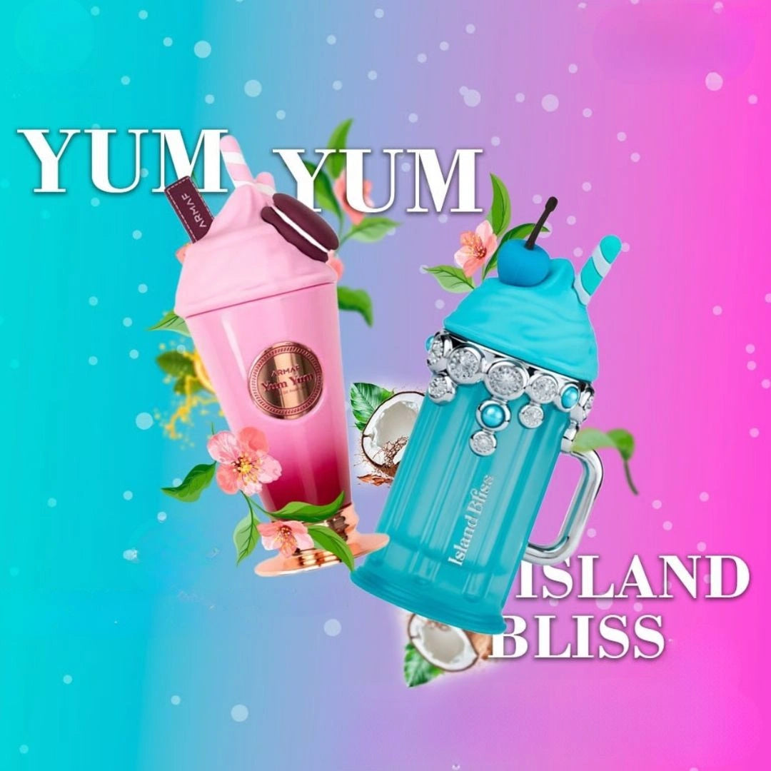 Yum Yum & Island Bliss Eau de Parfum Spray, 100ml (3.4 oz) by Armaf Delights | Two Irresistible Journeys Into Fruity-Floral Paradise (Bundle) - Intense Oud