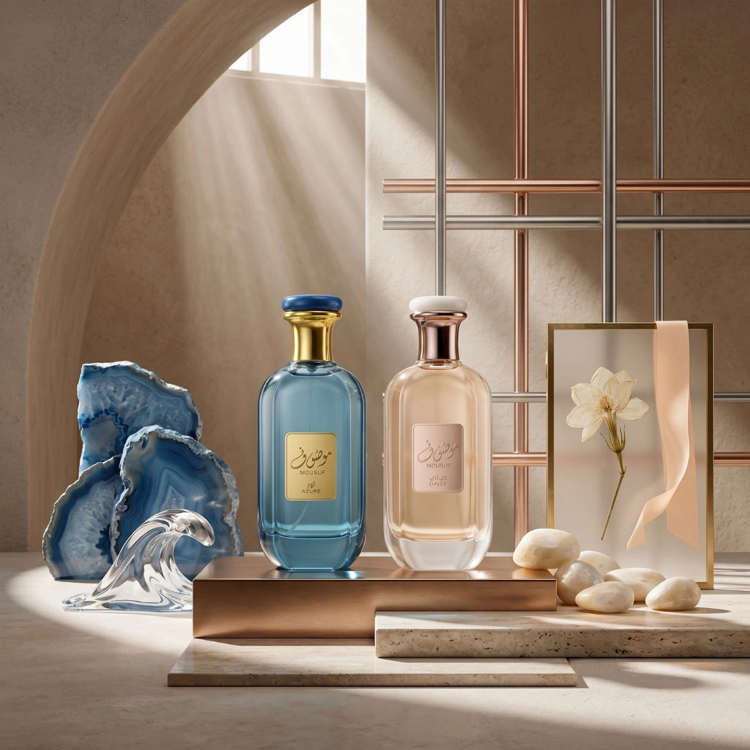 Bundle of Ard Al Zaafaran Mousuf Daisy and Mousuf Azure Eau de Parfum sprays, featuring elegant glass bottles and floral fragrance design.
