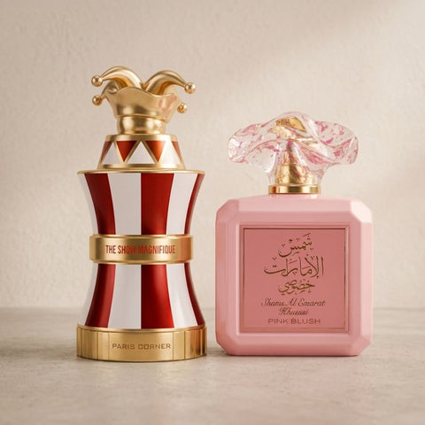 The Show Magnifique by Paris Corner & Pink Blush Shams Al Emarat Khususi by Ard Al Zaafaran Eau de Parfum Sprays 100ml (3.4 oz) (Bundle)
