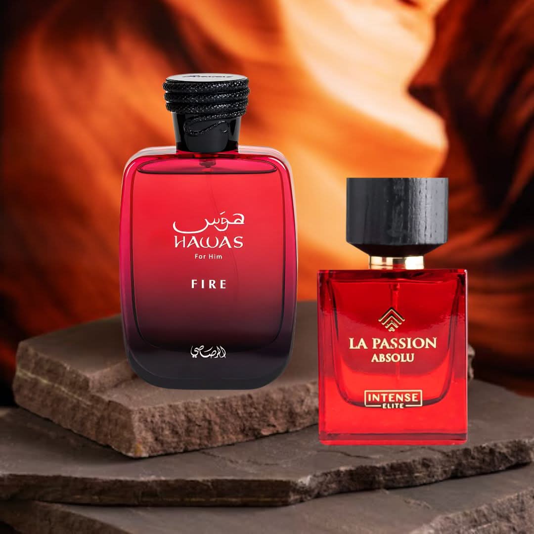 Bundle of two 100ml Eau de Parfum sprays: Hawas Fire by Rasasi and La Passion Absolu by Intense Oud, elegant fragrance bottles.