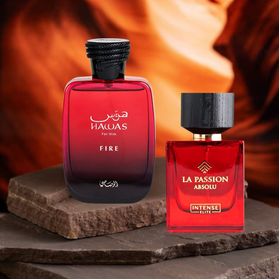 Bundle of two 100ml Eau de Parfum sprays: Hawas Fire by Rasasi and La Passion Absolu by Intense Oud, elegant fragrance bottles.