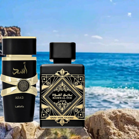 Lattafa Asad & Bade'e Al Oud Glory Eau de Parfum spray bundle with two 100ml bottles, featuring ornate packaging and fragrance sprays.