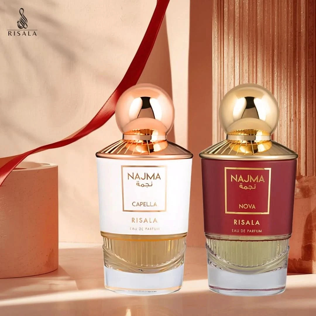Bundle of Risala Najma Capella and Nova Eau de Parfum sprays, 100ml each, featuring elegant perfume bottles with decorative caps.